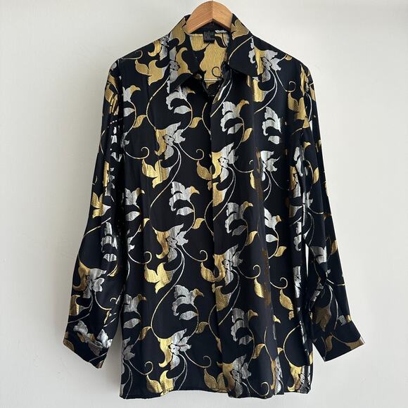 Vintage Silk Shirt Men Small Metallic Rave Disco Glam Club Baroque 90s Statement - Picture 1 of 13